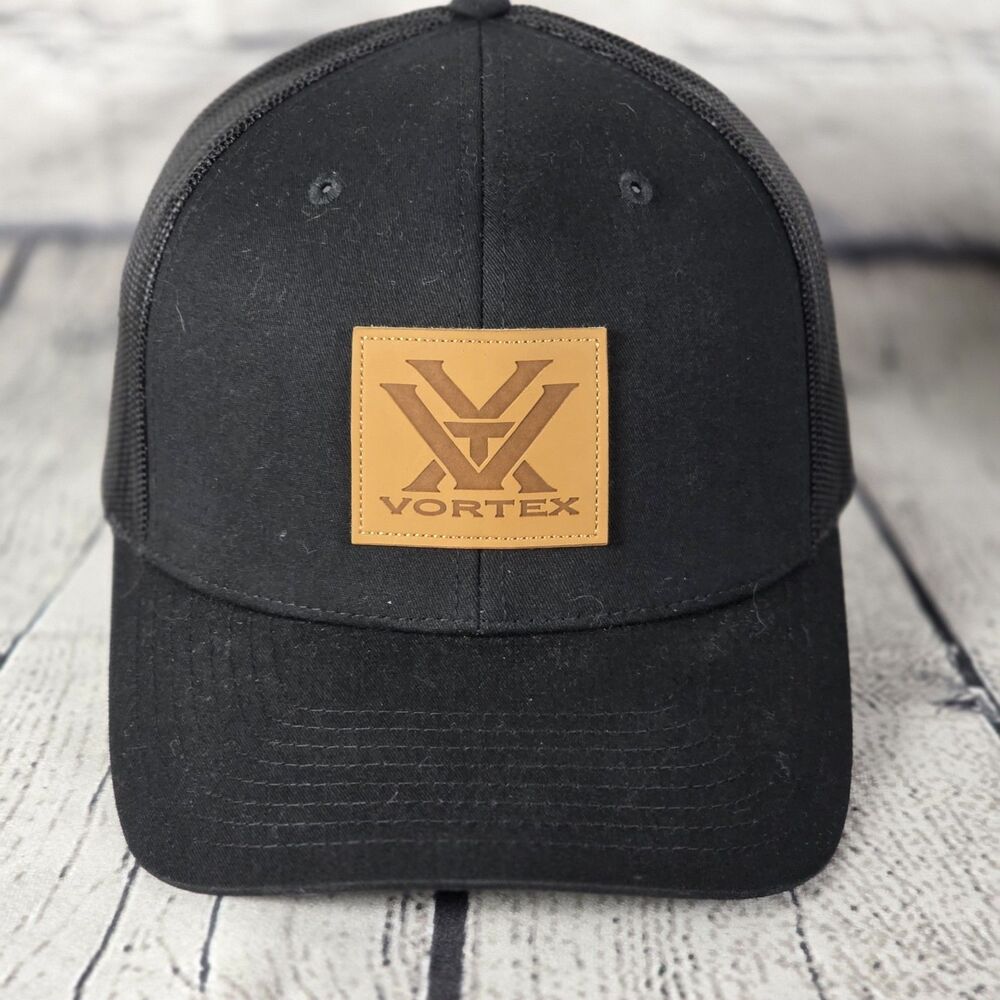Vortex Black Trucker Hat Snapback Mesh Cap Leather Patch Logo
